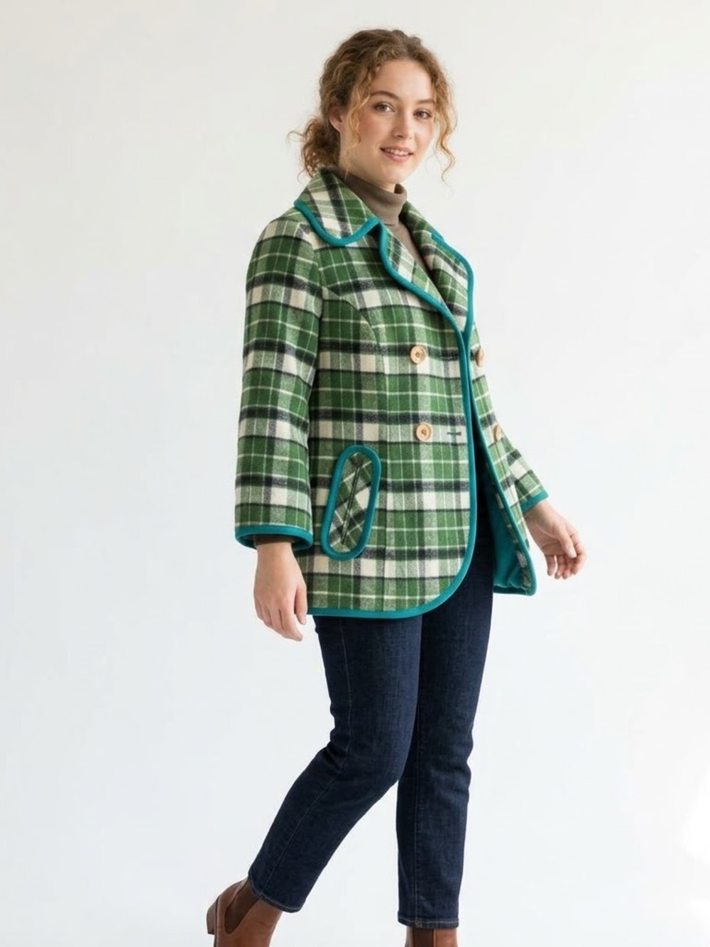 Tabitha x Anthropologie Retro Green Plaid Wool Blend Double Breasted Pea Coat S